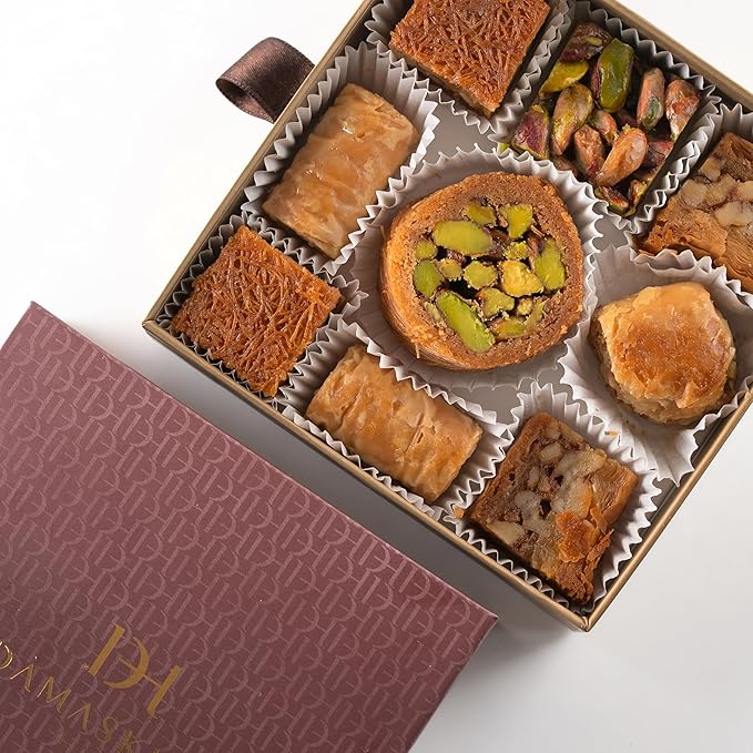 Damaskino Home Assorted Baklava Gift Box 4.5oz – 9 Pieces Turkish Baklava Pastry Dessert – Traditional Middle Eastern Sweets Made with Premium Pistachios, Cashews & Walnuts - Arabic Dessert Food Gifts - Dulces Arabes