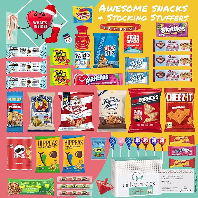 Gift A Snack - Christmas Candy Stocking Stuffers, Pre-filled Holiday Snack Box Care Package + Greeting Card (45 Count) Sweet Treats Gift Basket, Candies Chips Office Food Assortments