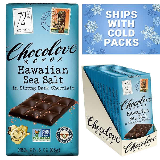 Chocolove Hawaiian Sea Salt Dark Chocolate Bars | 72% Cocoa | Rich and Intense Flavor | Made with Premium Belgium Chocolate | Non-GMO & Gluten-Free, 3.2 oz Bar (12 Pack)