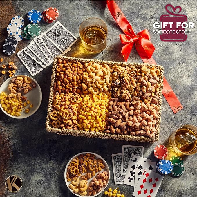 KREMERY Gourmet Nut Gift Basket - Valentines Day Mixed Nuts Gift Basket in Seagrass Tray with Ribbon (8 Assortments) Treats for Adults, Food Arrangement, Healthy Snack Care Package, Kosher
