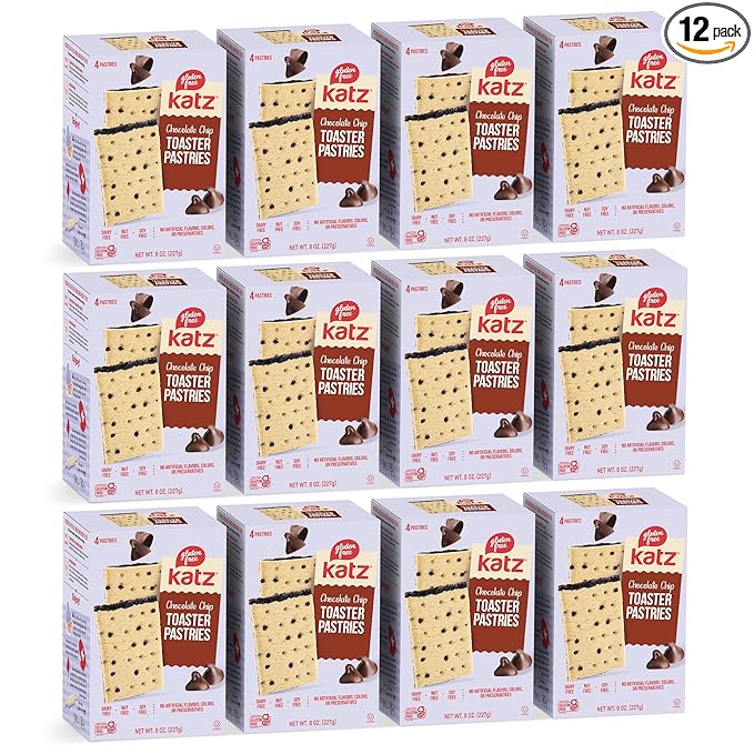 Katz Gluten Free Chocolate Chip Toaster Pastries. Breakfast Foods Snacks. Free of Dairy, Peanuts, Tree Nuts, and Sesame, No Artificial Color. Kosher. 8oz (12pk)