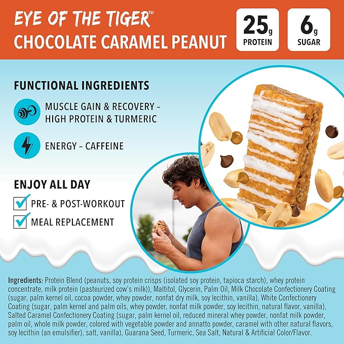 JiMMYBAR! - Eye Of The Tiger Caramel Chocolate Peanut Protein Bars - 25g Protein Bar - 6g Low Sugar - 12 Count - 60g Health Bars - Functional Snack with Real Peanuts & Hand-Drizzled Chocolate