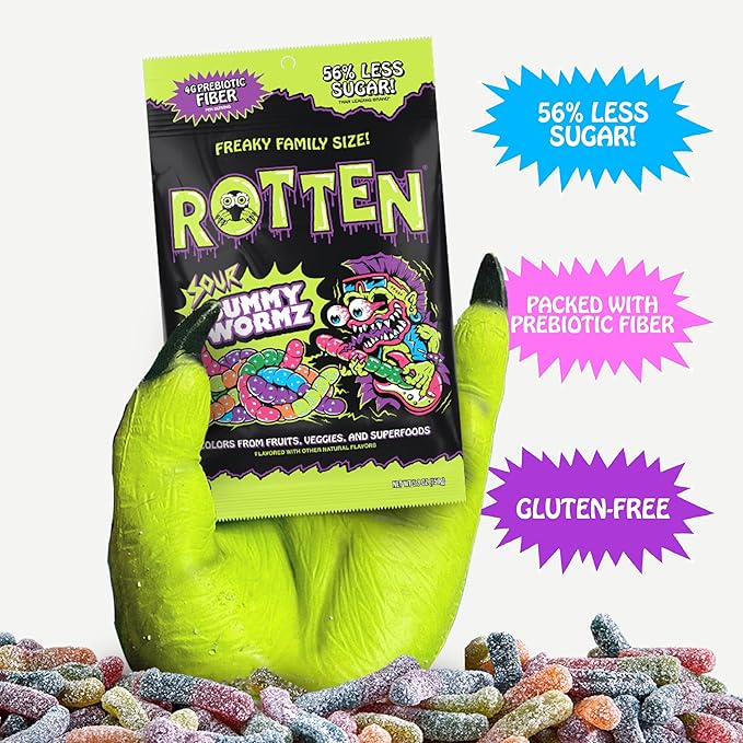 Rotten Sour Gummy Worms - Low Sugar, Low Calorie, 7g Gut-Friendly Prebiotic Fiber and 3g Protein, Gluten Free Candy - 5.3 oz Share Pack [2 Pack]