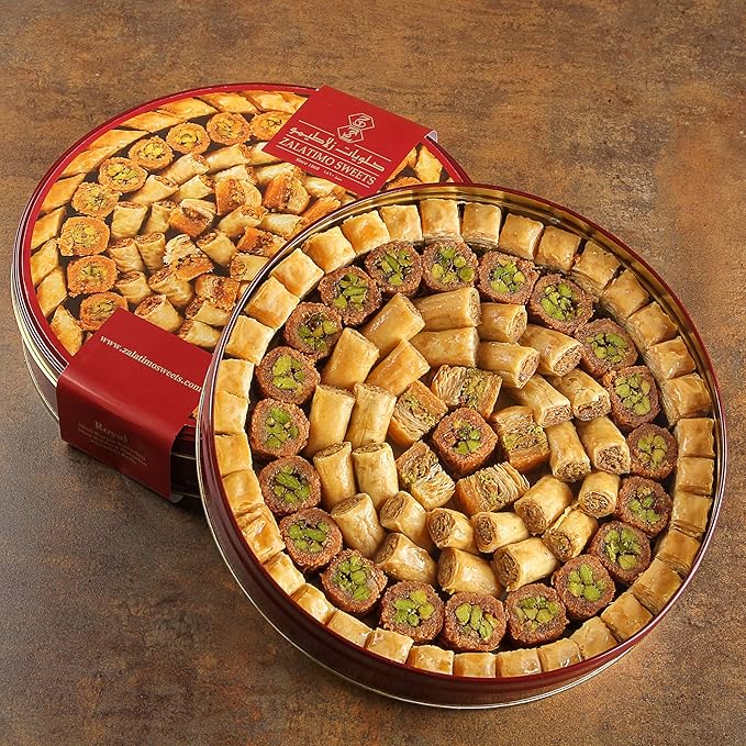 Zalatimo Sweets Middle Eastern Baklava Assortment with Pistachio, Walnut & Cashew, 2.2 lb Tin