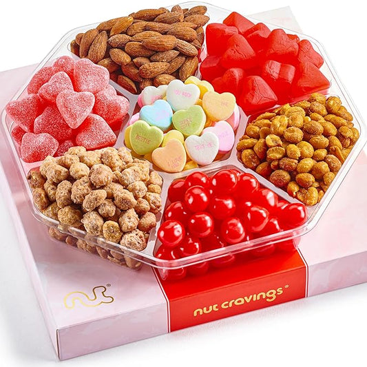 NUT CRAVINGS - Valentines Day Mixed Nuts & Heart Candy Gift Basket in Red Gold Box (7 Assortments, 1 LB) Treats for Adults, Food Arrangement, Healthy Snack Care Package, Kosher