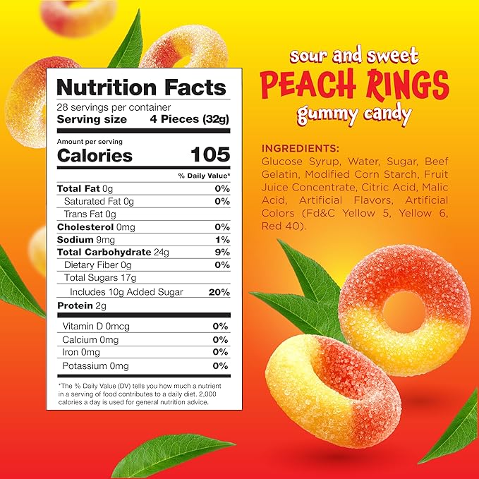 Peach Rings - 2 Pound Bag - Peach Gummies Candy - Sweet and Sour Candy for Office, Snacking, Dessert Decorating, Goodie Bags - Classic Chewy Treat