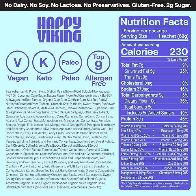 Happy Viking Vanilla Protein + Superfoods Powder, Created by Venus Williams, 30G Protein, Low Carb, Keto, Vegan, Gluten-Free, Non-GMO, Complete Meal Replacement, 1 Bag