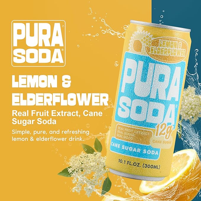 PuraSoda® Lemon & Elderflower | Low-Calorie, Cane Sugar Soda Beverage | Non-GMO, Vegan | Made with Pure Cane Sugar, Clean & Refreshing | 10.1 fl oz (300ml) Cans, Pack of 24