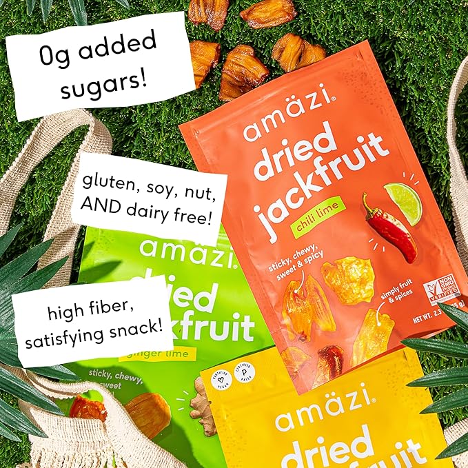 Amäzi Foods | Ginger Lime Dried Jackfruit (6 Pack) | All Natural Snacks | Gluten Free Healthy Dried Fruit Snacks