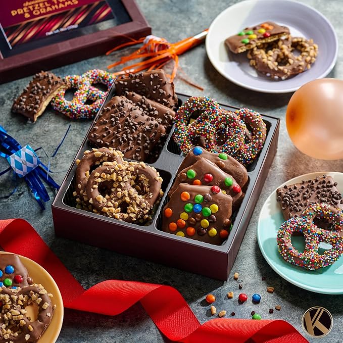 KREMERY Creamy Chocolate Cravings - Valentines Day Chocolate Covered Pretzel Twists & Grahams Cookies Gift Basket, in Brown Gift Box (12 Count, Assorted Sweet Toppings) Sweet Treats, Kosher