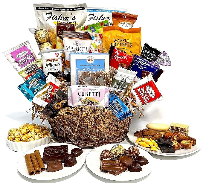 Hand-Crafted 28 Piece customizable chocolate gift basket of gourmet chocolates, cookies, and crunches. Tasty treats selected for businesses, clients, employees, birthdays, thank you and more!
