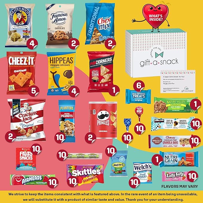 Gift A Snack - Valentines Day Snack Box Variety Pack Care Package + Greeting Card (150 Count) Birthday Sweet Treats Gift Basket Candies Chips Crackers Bars Office Food Assortments & Variety Gifts