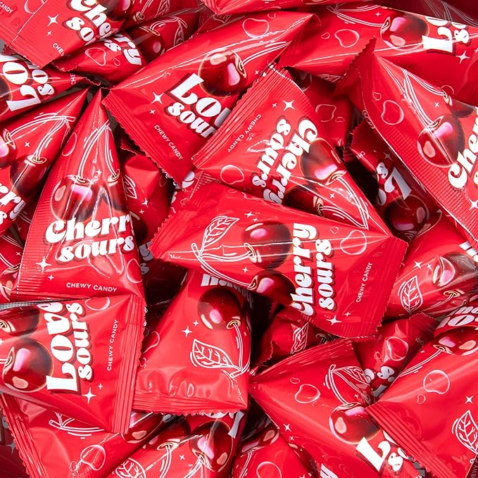 Cherry Sours Individual Pouches | 36 Count | Sour Cherry Balls in Mini Triangle Packs for Valentine Candy Bowls | Old Fashioned Chewy Candy for Office, Classrooms & Party Favors