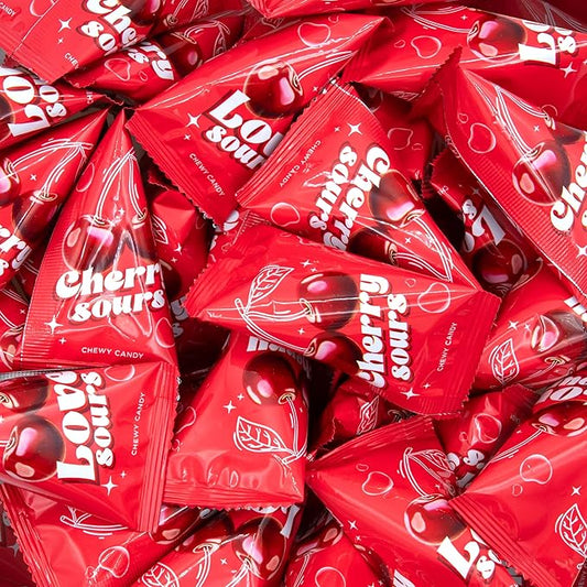 Cherry Sours Individual Pouches | 36 Count | Sour Cherry Balls in Mini Triangle Packs for Valentine Candy Bowls | Old Fashioned Chewy Candy for Office, Classrooms & Party Favors