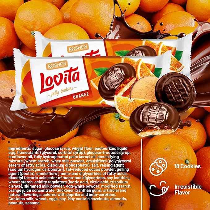Roshen Lovita Cookies with Orange Jelly Filling, 4.76 oz, Golden Biscuit with Real Orange Jelly & Smooth Chocolate Glaze, European Gourmet Cookies, Pack of 2