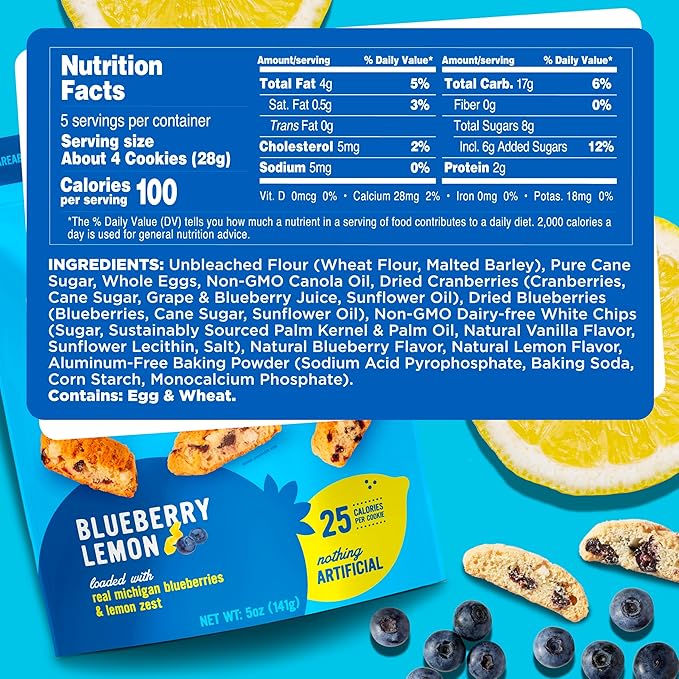 Cooper Street Twice Baked Lemon Blueberry Biscotti Cookies - Light, Crispy Mini Biscotti Cookies Ideal with Coffee - Traditional Low Calorie Italian Snacks - Kosher, Dairy, Peanut & Soy Free (6 Pack)