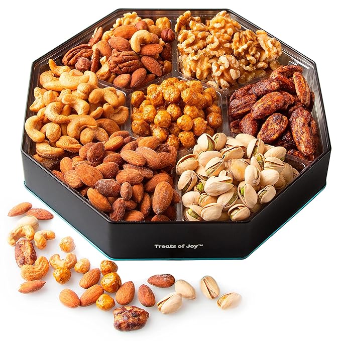 Oh! Nuts Gift Basket 7 Section Assorted Gift Tin Box - Gourmet 7 Variety Fresh Roasted Nuts - Healthy Snacks for Birthday, Anniversary, Family Party, Movie Night - for Men & Women