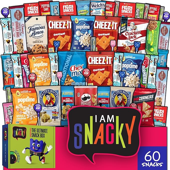 I AM Snacky - Valentines Day Snack Box Variety Pack Care Package + Greeting Card - SNACKY'S SOCIAL SAMPLER (60 Count) Birthday Sweet Treats Gift Basket, Candies Chips