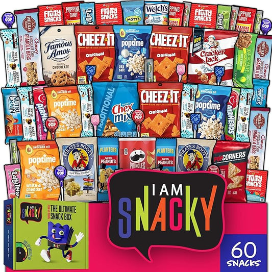 I AM Snacky - Valentines Day Snack Box Variety Pack Care Package + Greeting Card - SNACKY'S SOCIAL SAMPLER (60 Count) Birthday Sweet Treats Gift Basket, Candies Chips
