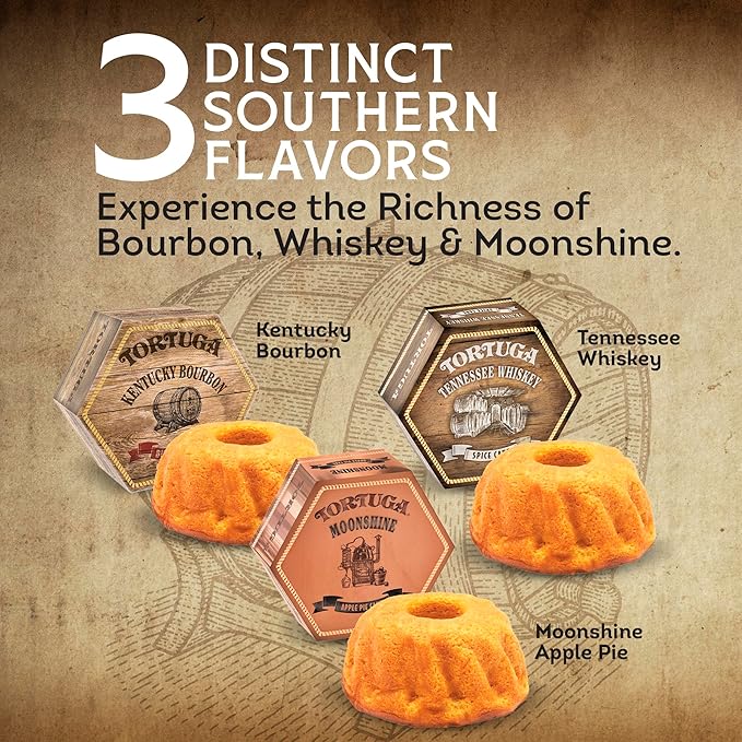 TORTUGA Southern Trio Gift Pack - Tennessee Whiskey, Kentucky Bourbon, & Moonshine Apple Pie - 3-4 oz Mini Cakes - The Perfect Premium Gourmet Gift for Gift Baskets, and Birthday Cakes for Delivery