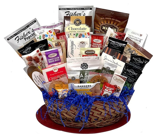 Gourmet Gift Basket for Women, Kids, Clients, Birthday, Sympathy, Holidays - with Assorted Chocolate, Cookies, Snacks, and More - Beautifully Wrapped and Presented with Double Bow (Salvy Special)