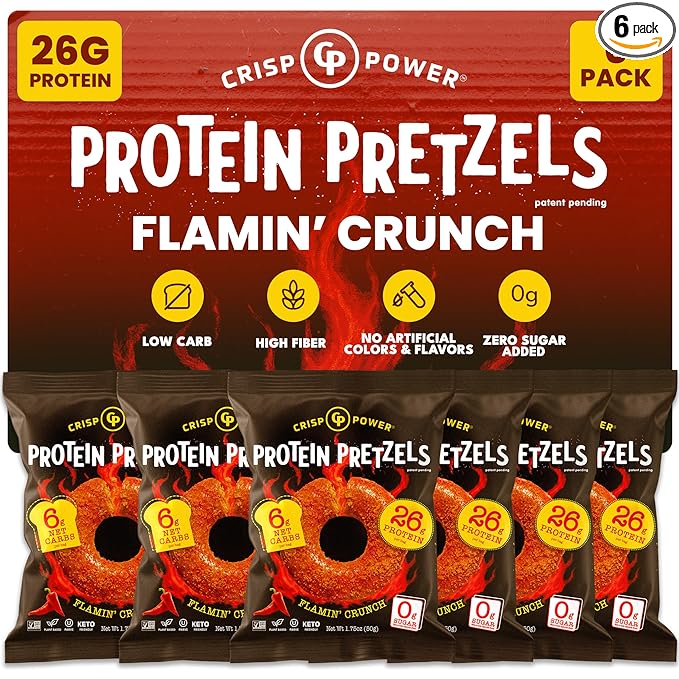 Crisp Power Protein Pretzels, NEW Flamin' Crunch, High Protein Snack, 25G Protein, Low Carb Crunchy Pretzel Snacks, No Added Sugar, 1.75 oz Bags, 6 Pack, Vegan, Plant-Based, Keto