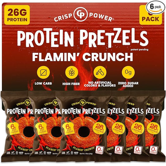 Crisp Power Protein Pretzels, NEW Flamin' Crunch, High Protein Snack, 25G Protein, Low Carb Crunchy Pretzel Snacks, No Added Sugar, 1.75 oz Bags, 6 Pack, Vegan, Plant-Based, Keto