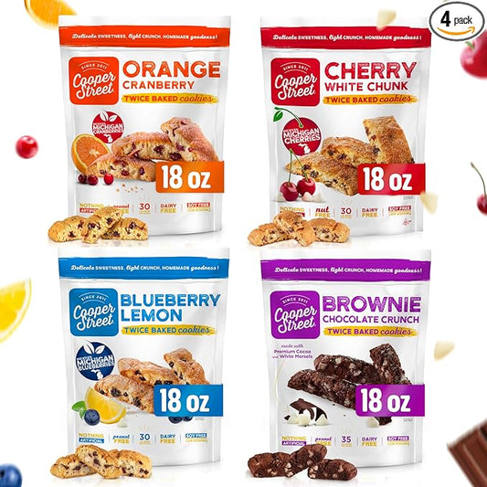 Cooper Street Cookies Twice Baked Italian Biscotti Cookies - Lemon Blueberry, Orange Cranberry, Cherry, Cinnamon Chocolate Chip Crispy Italian Biscotti Cookies - Variety Pack - 18Oz - Pack of 4