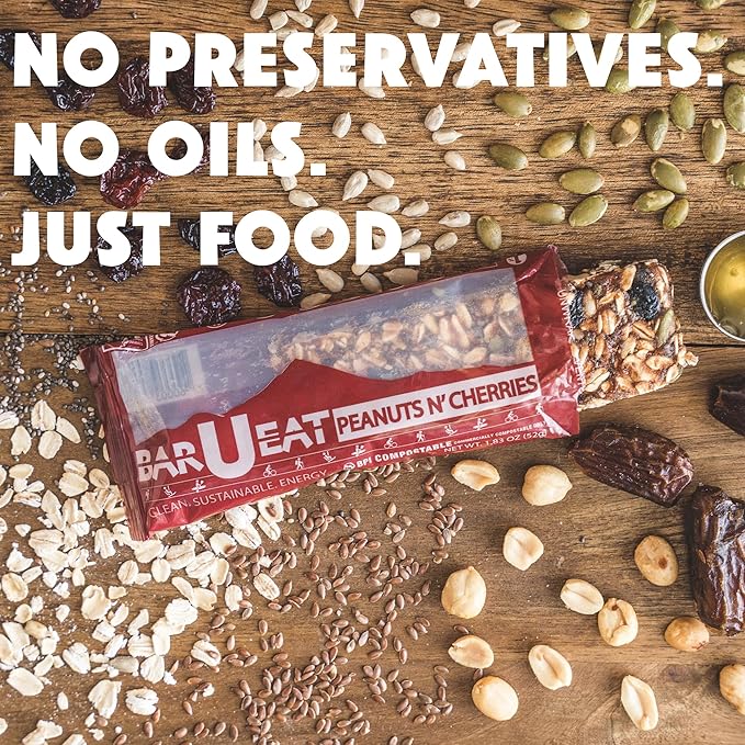 BAR-U-EAT Gluten-Free, Organic, Soft & Chewy Energy Bar. Real Food | Seed Oil Free | No Artificial Sugar | Compostable Packaging | Healthy Snacks (Peanuts N' Cherries 12 Pack)