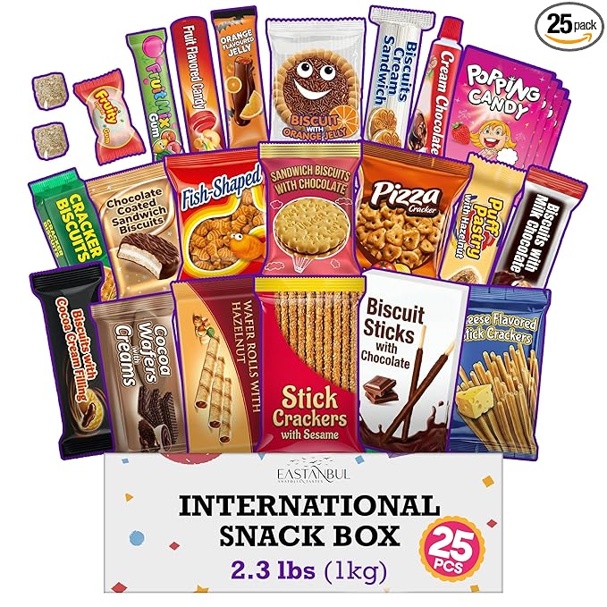 Eastanbul International Snack Box, Premium 25 Full-Size Foreign Snack Box, From Around The World International, Sweet, Savory, Chewy, Crunchy