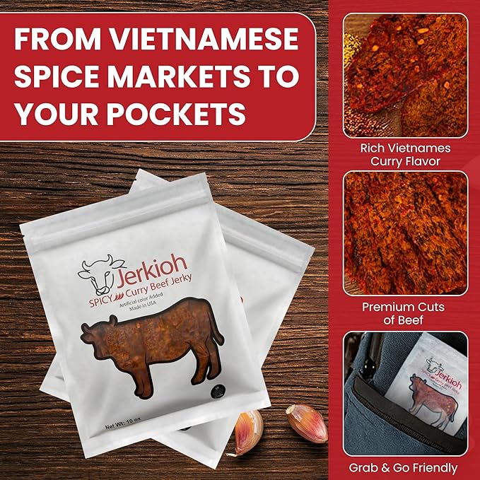 Jerkioh Spicy Curry Premium Beef Jerky – Authentic Vietnamese Street Food Flavor with Chili Heat | Gourmet Tender & Savory Strips | High-Protein, Low-Fat Snack | Portable On-the-Go Pack, 10 oz