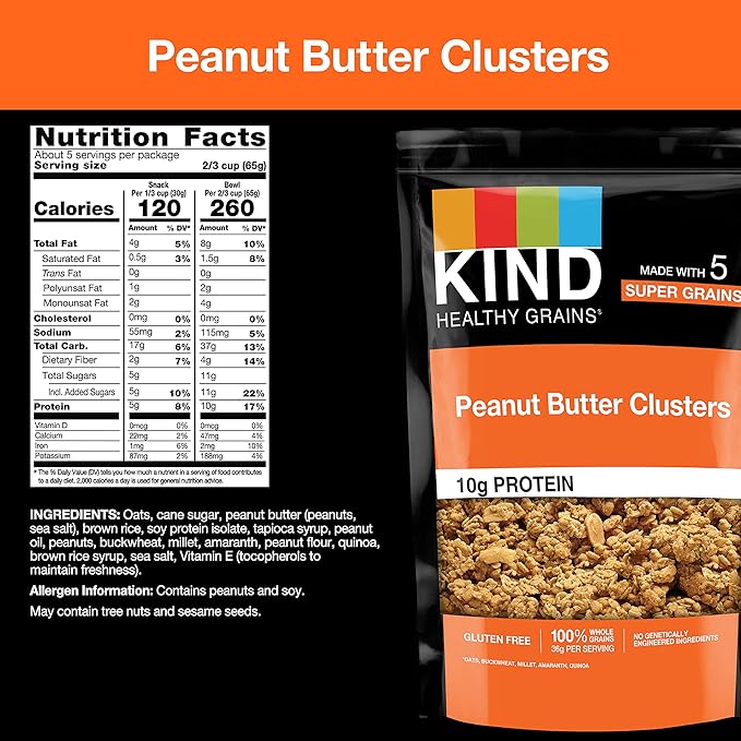 KIND Healthy Grains Granola, Peanut Butter Clusters, Healthy Snacks, Gluten Free, 100% Whole Grains, 10g Protein, 11oz, 6 Count