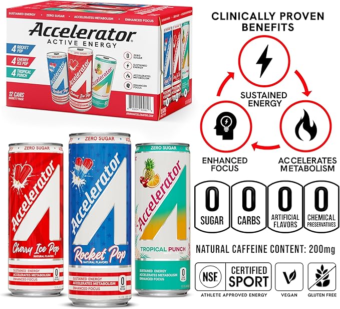 Accelerator Energy Drink, Variety Pack 12oz can (12 pack), Zero Sugar, Sustained Energy from 100% Natural Caffeine (200mg from Green Coffee Bean & Green Tea extract)