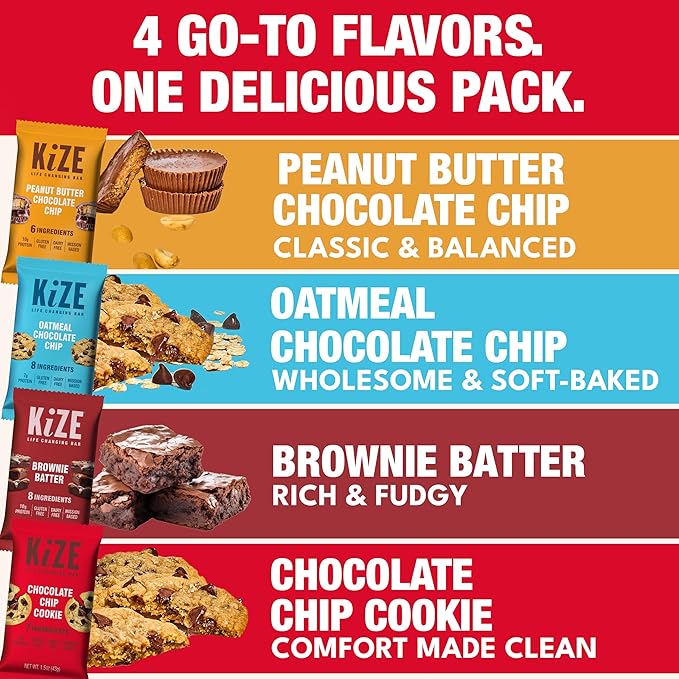 KiZE Energy Bars - Best Sellers Variety Pack - Gluten Free, Dairy Free Options, Non-GMO, and High Protein Meal Replacement Energy Bars, Clean and Simple Food Ingredients - 7-10g High Protein Snacks, (10 Count)