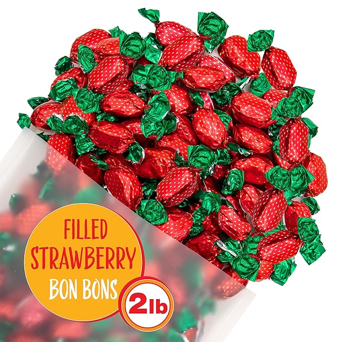 Strawberry Bon Bons Candy | 2 Pound Bag | Individually Wrapped Old Fashioned Hard Candies | Filled Retro Candy for Buffets, Party Favors, Reception & Office Jars