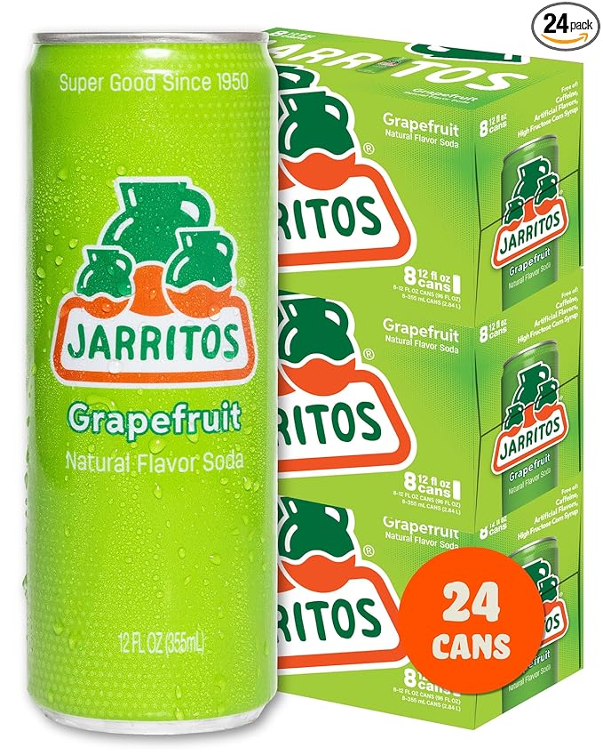 Jarritos - Mexican Soda Soft Drinks, Grapefruit (12 oz, 355ml) 8 Cans (3 Boxes of 8) - Real Cane Sugar - 0g Fat - Made in Mexico - Natural Flavor Soda Pop - Party & BBQ Beverages