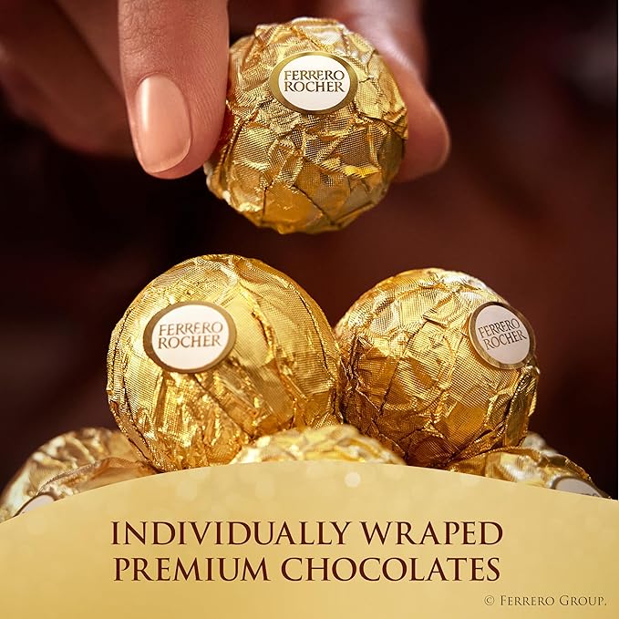 Ferrero Rocher Gourmet Hazelnut Milk Chocolate Valentine's Day Gift Box, 42 Individually Wrapped Chocolates for Gifting, 18.5 oz