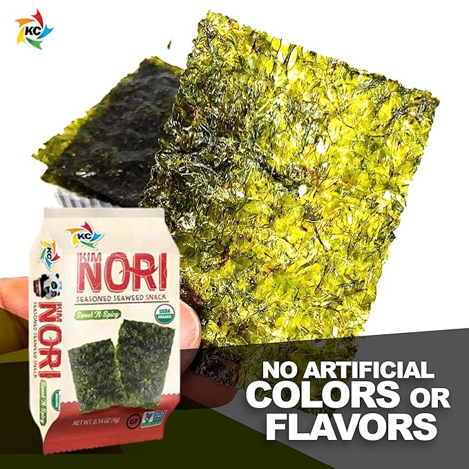 KIMNORI Seasoned Seaweed Snacks Sheets – Sweet ’N Spicy, 24 Individual Packs, Roasted Crispy Premium, 100% Natural Laver, 0.14 Ounce