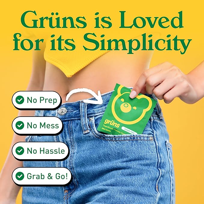 Gruns Sugar-Free Super Greens Gummies, Multivitamin Superfood Gummy Bears, Spirulina, Chlorella, Prebiotics & Fiber gummies for Digestive Health, Adaptogens Supplement, 20 Vitamins & Minerals, 10 pack