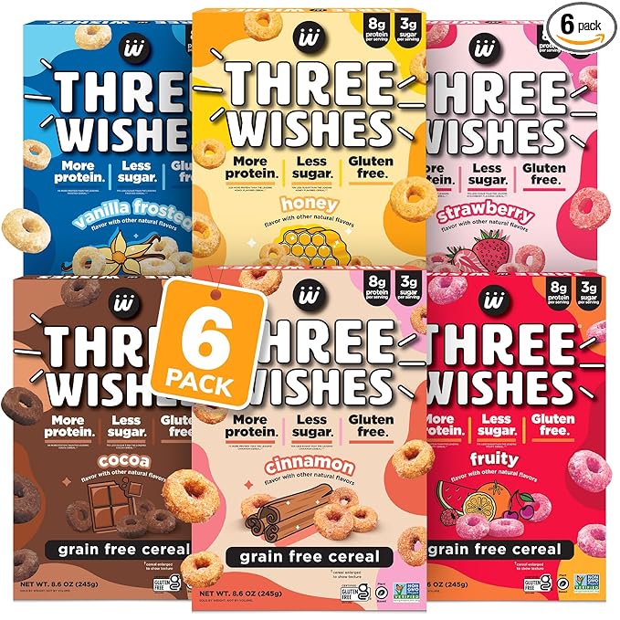 Three Wishes Grain-Free & Protein Cereal - Healthy, Low Sugar & Gluten-Free Breakfast Cereal - Low Carb, Plant-Based, Vegan & Non-GMO - Variety 6-Pack