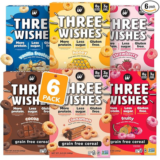 Three Wishes Grain-Free & Protein Cereal - Healthy, Low Sugar & Gluten-Free Breakfast Cereal - Low Carb, Plant-Based, Vegan & Non-GMO - Variety 6-Pack