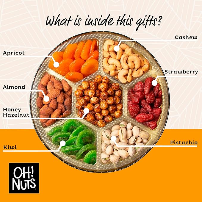 Oh! Nuts 7 Section Dried Fruits and Nuts Gift Basket - Gourmet Assorted Fruit & Nut Gifts Baskets - Healthy Food Round Metal Tin Box - Festive Gifts for Holiday, Birthday, Corporate Women & Men