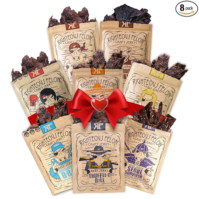 Righteous Felon Beef Jerky Variety Pack | Gluten Free Beef Jerky Snack Pack | High Protein, Keto-Friendly, Low Sugar | Made with Premium Meats | Valentines Day Gifts for Men | Sampler 8 Pack