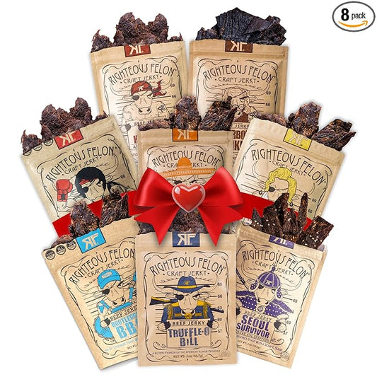 Righteous Felon Beef Jerky Variety Pack | Gluten Free Beef Jerky Snack Pack | High Protein, Keto-Friendly, Low Sugar | Made with Premium Meats | Valentines Day Gifts for Men | Sampler 8 Pack