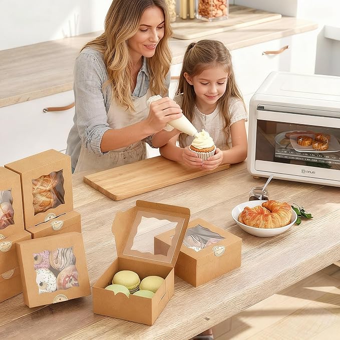 EffiQ-Rate 50 Pack Cookie Boxes with Window, 6x6x3 Inches Bakery Boxes, Pastry Boxes for Cookies, Pastries, Desserts, Cakes, Donuts, Macarons, with 50 Stickers and 5 Bundles of Twine