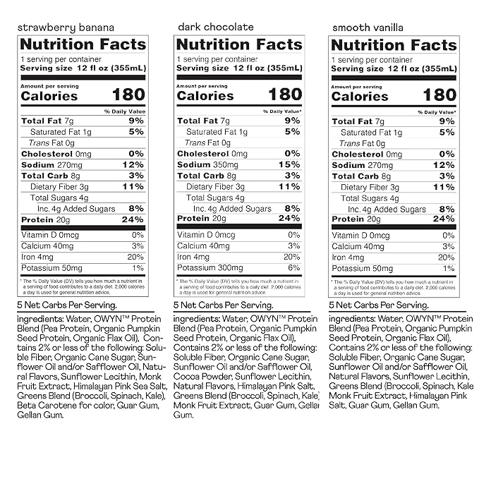 OWYN Only What You Need Protein Shake Variety Pack, Strawberry Banana, Dark Chocolate, Smooth Vanilla Flavored Protein Shakes, 20g Protein, 4g Sugar, 3g Fiber, Dairy Free, Plant Based Protein, 12 CT