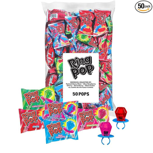 Ring Pop Candy, Valentine's Lollipops, 50 Ct Party Favors in Assorted Fruity Flavors - Full Size, Fun Hard Candy For Birthday Parties, Valentine's Gifts, Goodie Bags, Party Favors