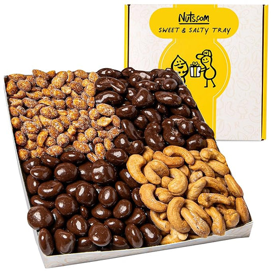 Nuts.com – Sweet and Salty Gift Tray for Winter, Valentine's Day and Festive Gifts — Healthy Snack Sampler Box, 1.25 Lbs of Roasted Cashews, Peanuts, Chocolate-Covered Raisins