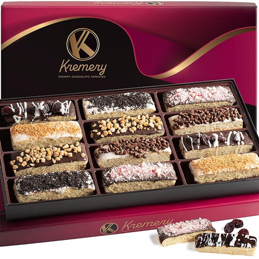 KREMERY Creamy Chocolate Cravings - Valentines Day Chocolate Covered Biscotti Cookies Gift Basket, in Elegant Gift Box (12 Biscotties, Assorted Sweet Toppings) Sweet Treats Food Arrangement, Kosher