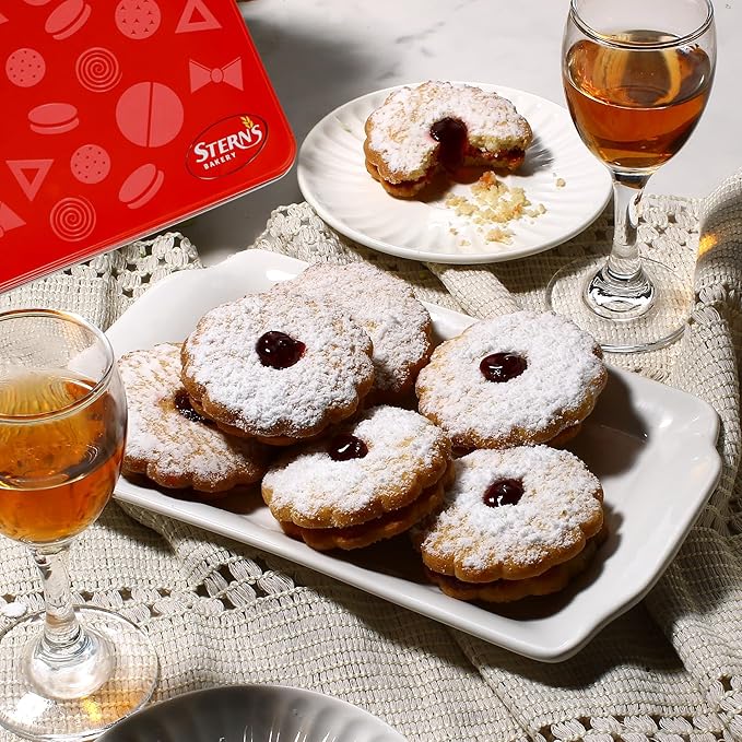 Linzer Cookies – Christmas Holiday Cookie Tin, 18 Count | Gourmet Holiday Cookies Gift Box for Colleagues, Friends & Women | Kosher, Nut-Free, Dairy-Free – Stern’s Bakery